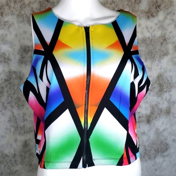 Bisou Bisou Beautiful Multicolor Stained Glass Placement Zip Front Top Size XL - Picture 1 of 12